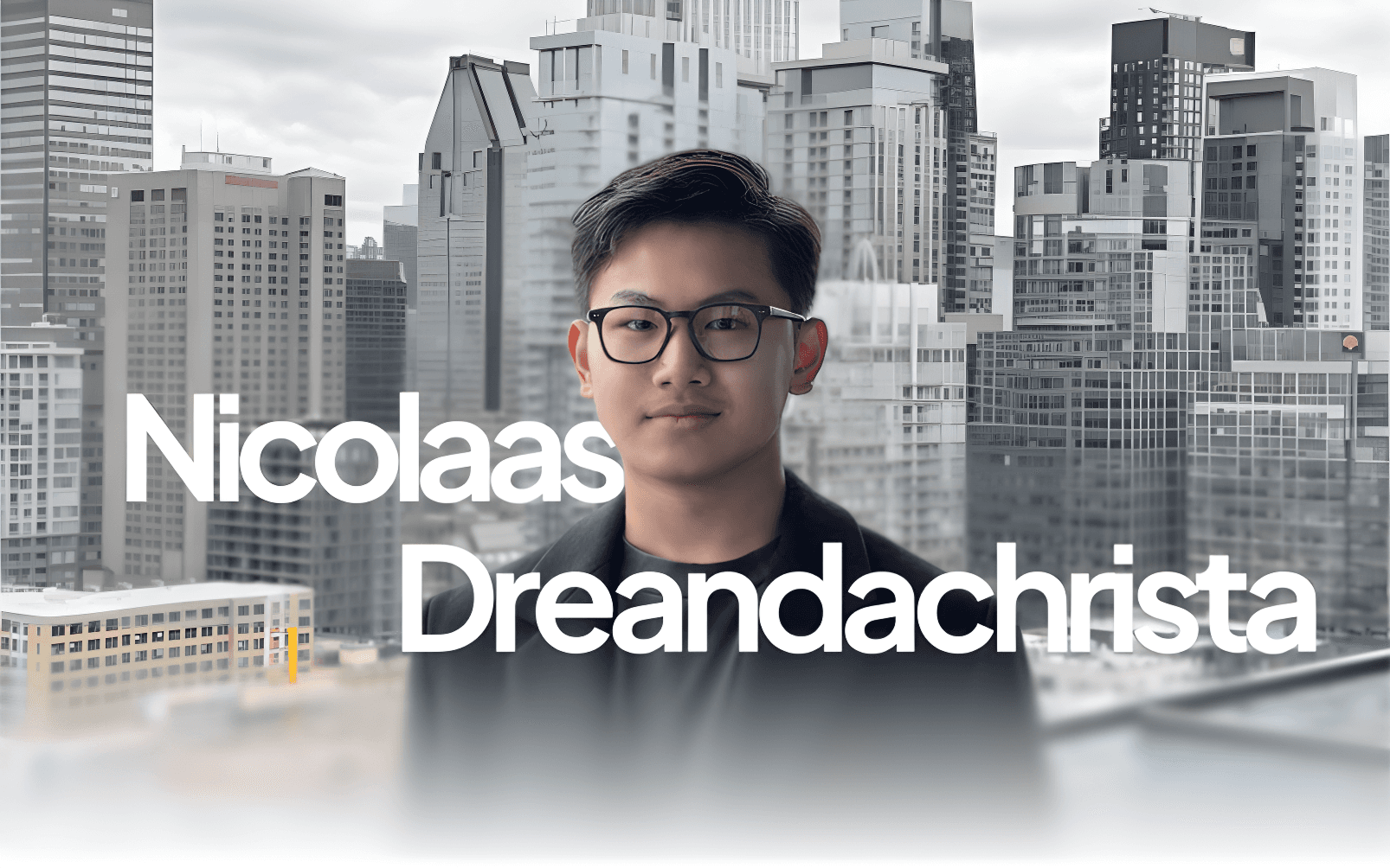 Nicolaas Dreandachrista, portrait against a city skyline